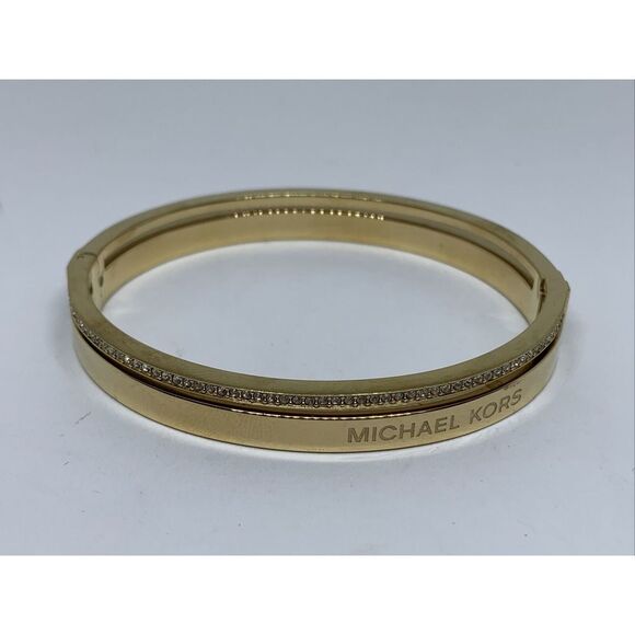 Michael Kors Women's Gold Tone Crystal Accent Logo Bangle Wrist Bracelet NJ11 - Picture 1 of 5